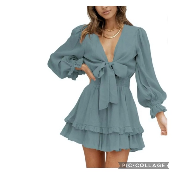NWOT CHIFFON SOLID LONG SLEEVE RUFFLE HEM MINI DRESS - Picture 1 of 5